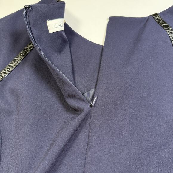 Calvin Klein Cap Sleeve Faux Leather Trim Sheath Dress Sz 10 Indigo Work Career - Picture 7 of 10